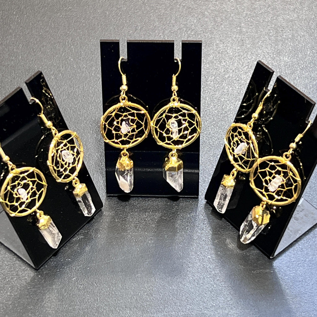 DreamCatcher Earrings Pair (Quartz Crystal)(Gold Plated)(Stainless Steel Hooks) Gemstone Jewelry Supply Amazing Crystals