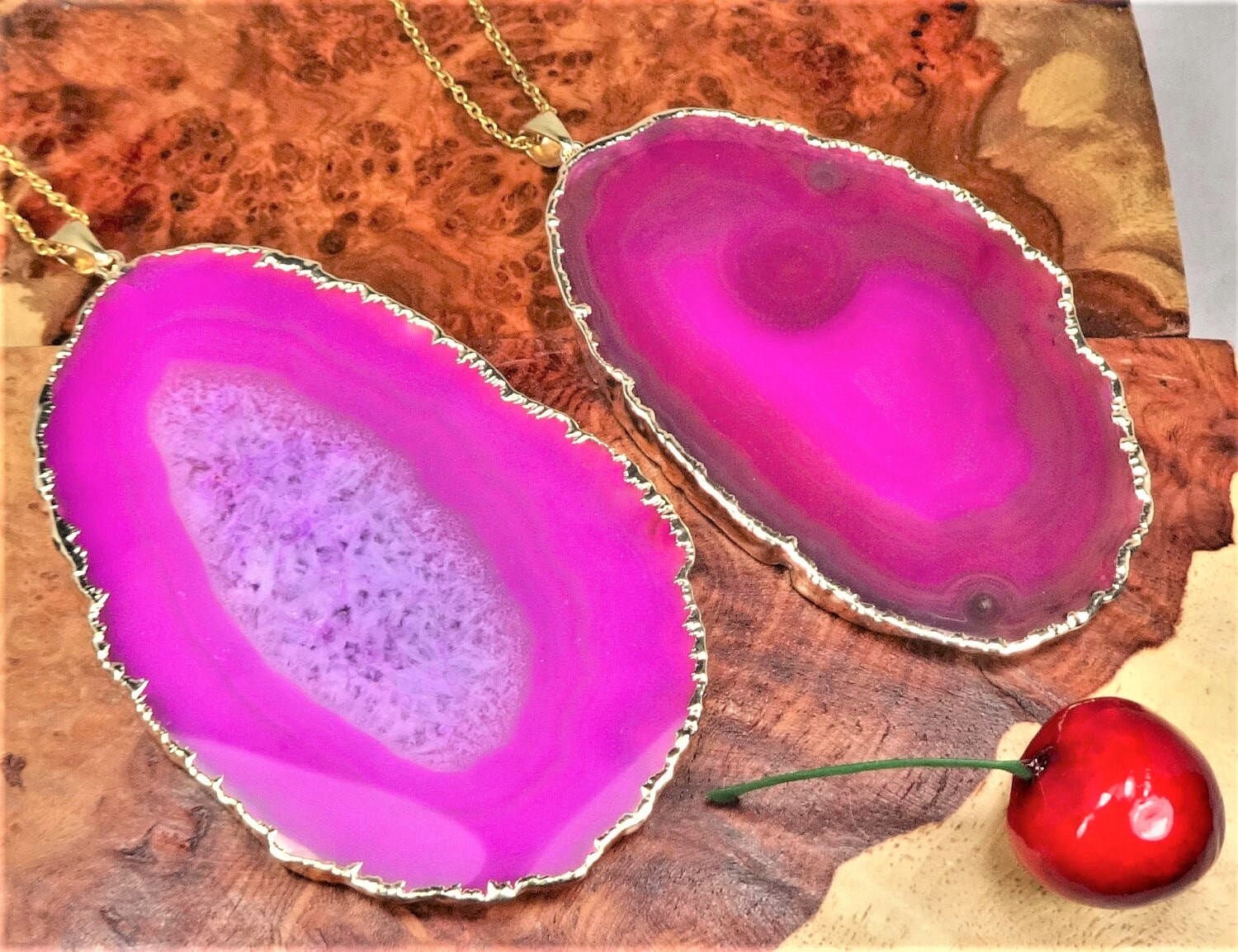 Large Pink Agate Slice Crystal Pendant (Gold Plated) Wholesale Amazing Crystals