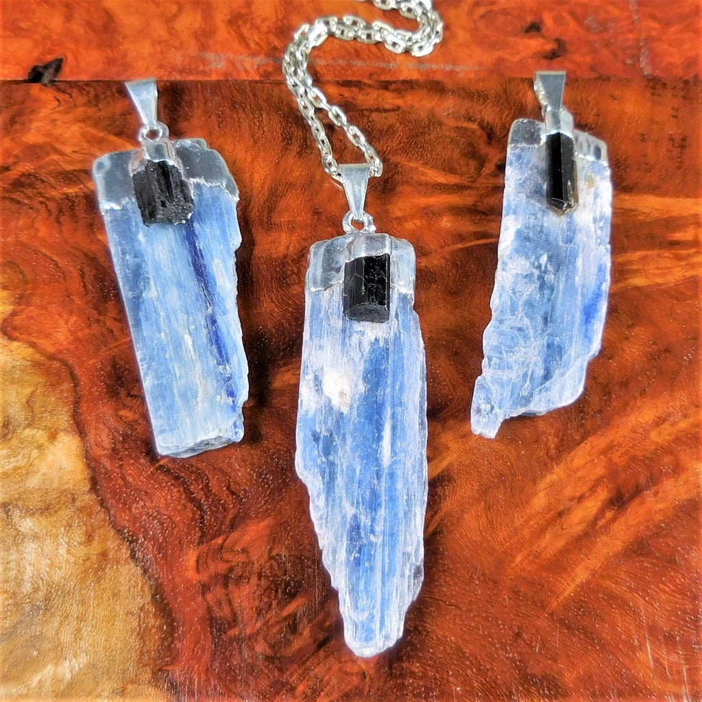 Blue Kyanite & Tourmaline Crystal Pendant (Silver Plated) Gemstone Jewelry Necklace Charm Supply Amazing Crystals
