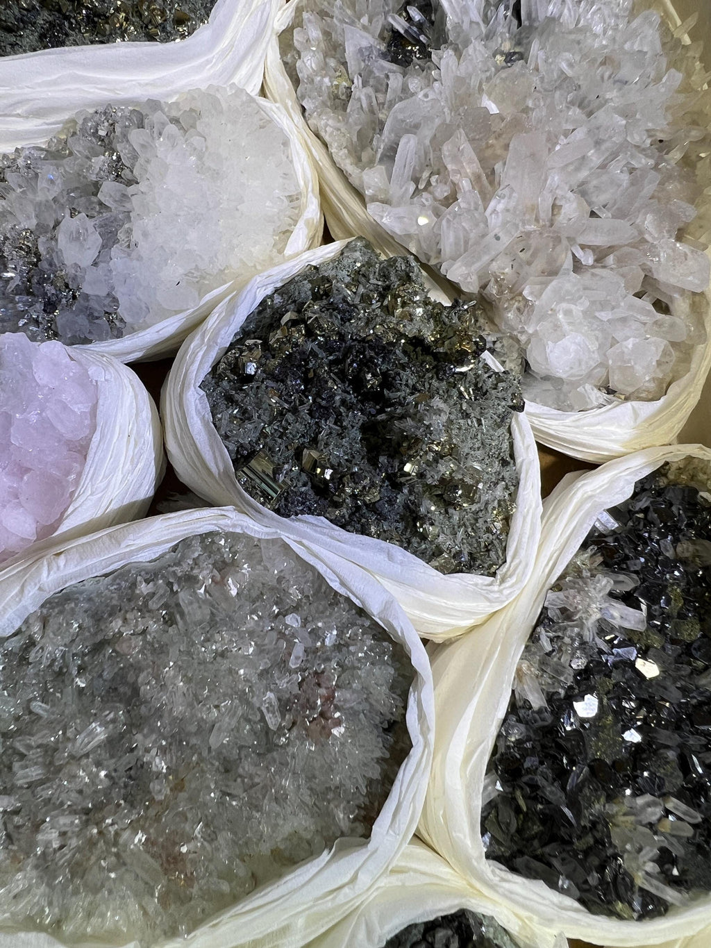 Bolivian Minerals Crystal Mixed Collection (Large 15x10 Inch Flat) Pyrite Sphalerite Galena Quartz Pink Mangano Calcite Amazing Crystals