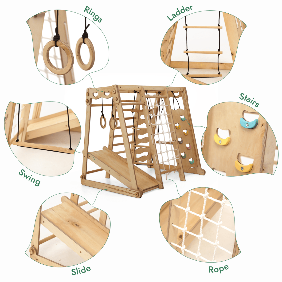 6in1 Indoor Jungle Gym for Toddler: Playground + Swings Set + Slide Board + Rope + Stairs Goodevas B2B