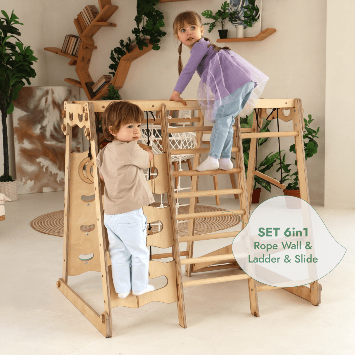 6in1 Indoor Jungle Gym for Toddler: Playground + Swings Set + Slide Board + Rope + Stairs Goodevas B2B