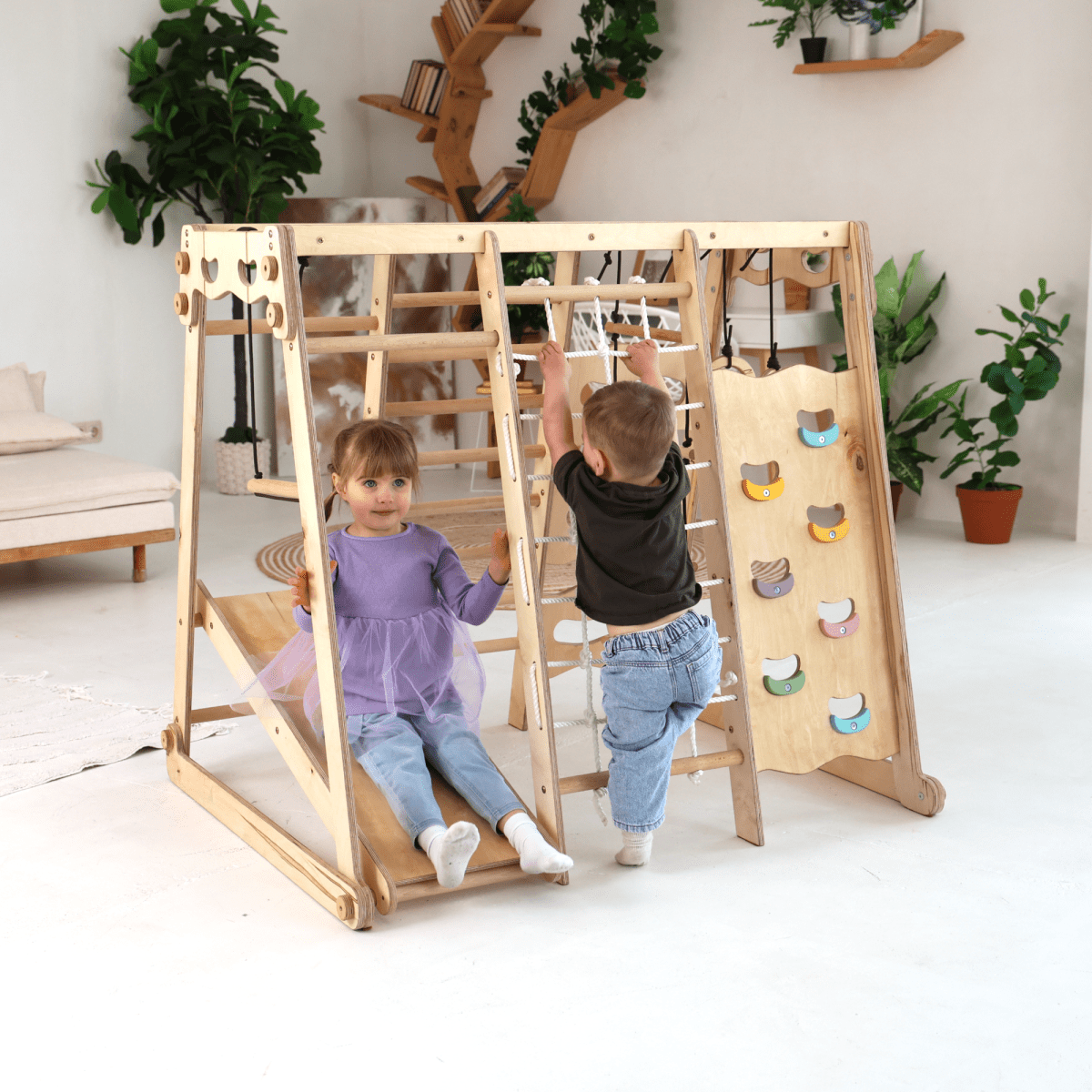 6in1 Indoor Jungle Gym for Toddler: Playground + Swings Set + Slide Board + Rope + Stairs Goodevas B2B