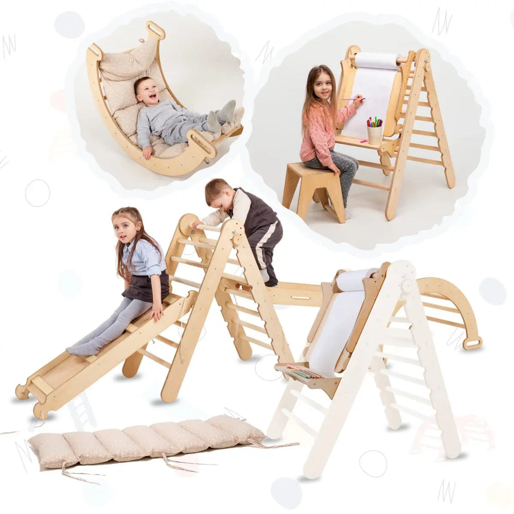 6in1 Montessori Climbing Set: Triangle Ladder + Arch/Rocker + Slide/Ramp + Net + Cushion + Art Addition Goodevas B2B