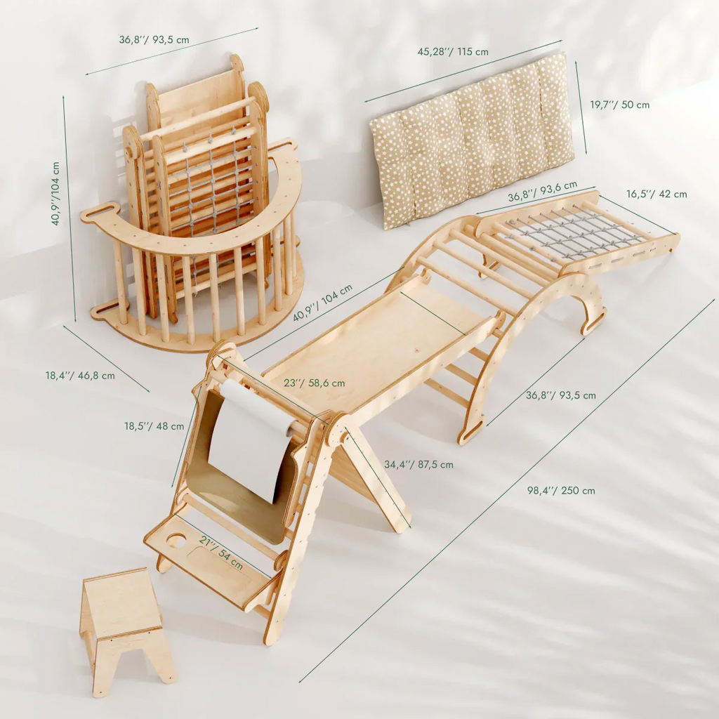 6in1 Montessori Climbing Set: Triangle Ladder + Arch/Rocker + Slide/Ramp + Net + Cushion + Art Addition Goodevas B2B