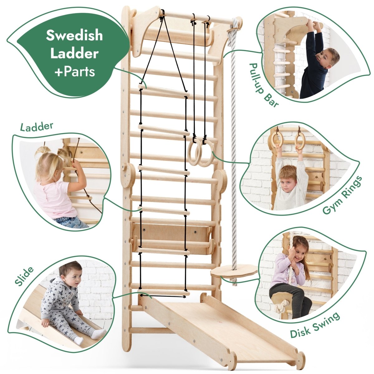 6in1 Wooden Swedish Wall / Climbing ladder for Children + Swing Set + Slide Board Goodevas B2B