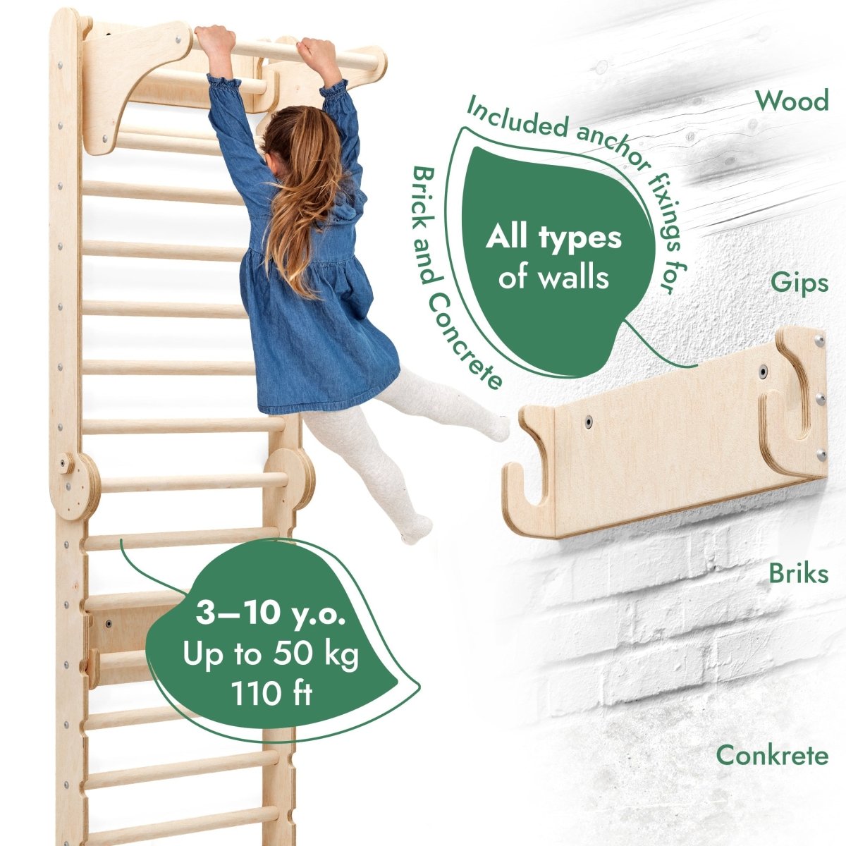 6in1 Wooden Swedish Wall / Climbing ladder for Children + Swing Set + Slide Board Goodevas B2B