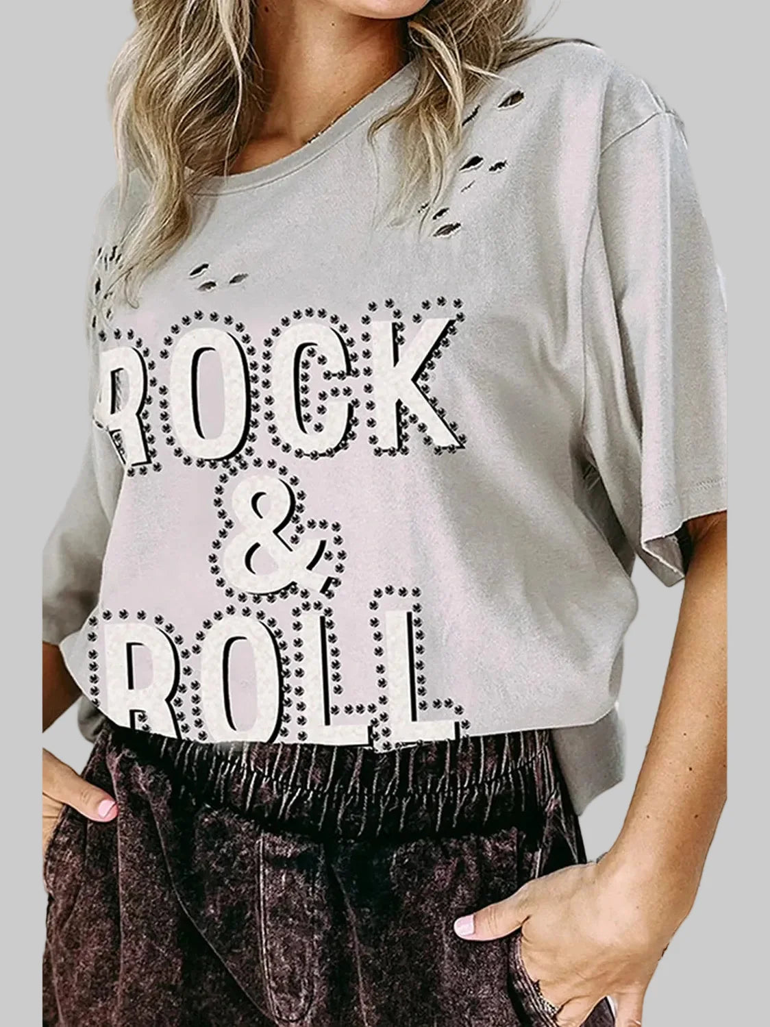 Women ROCK & ROLL Round Neck Dropped Shoulder Short Sleeve T-Shirt NicholesGifts