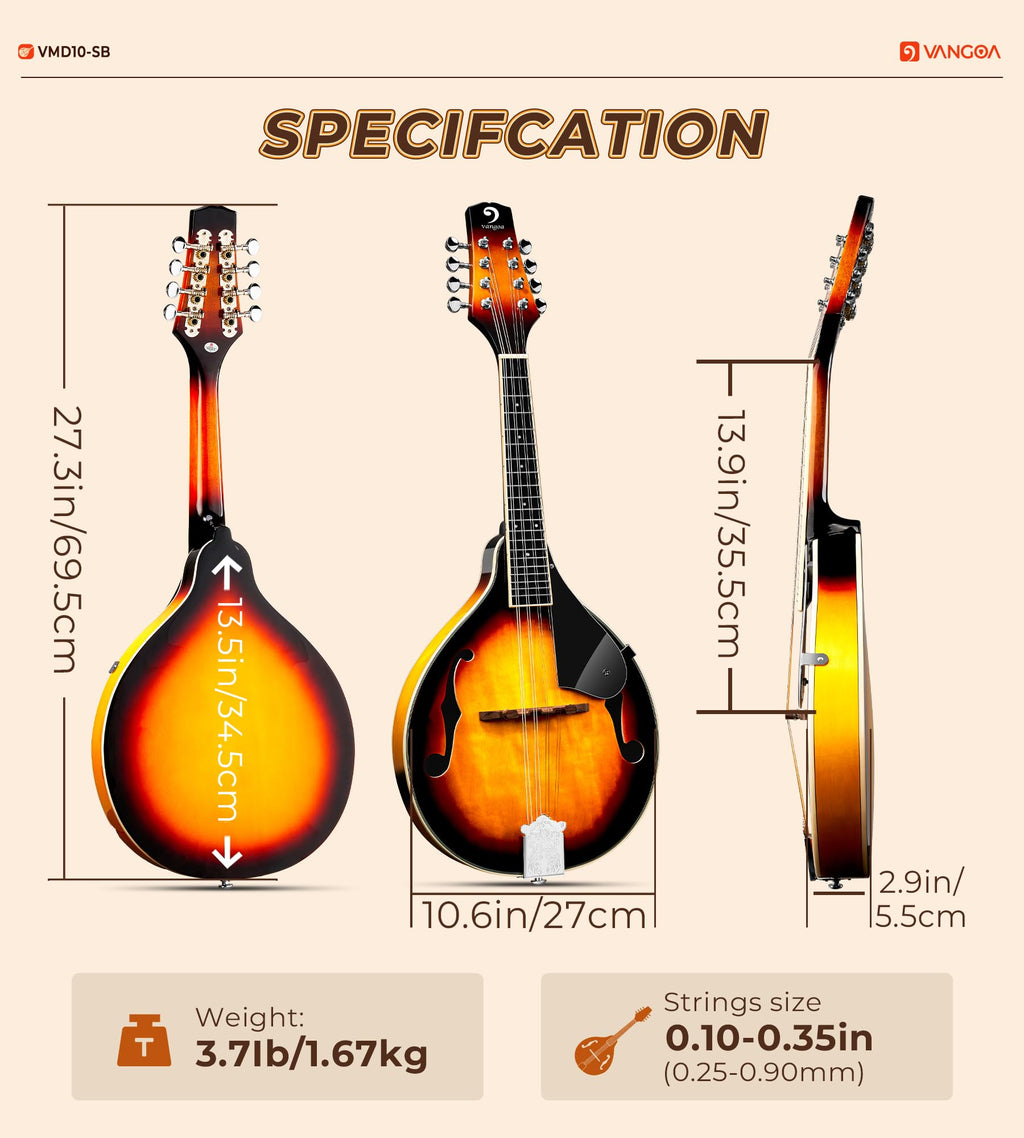 Vangoa Mandolin Musical Instrument A Style, Acoustic Mandolin Instrument Kit Italian 8 String for Professional Beginners Adults Teens Youth Kids, Sunburst, Glossy MindFreakArtistry