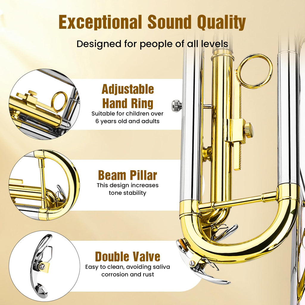 Asmuse Professional Trumpet Instrument Set,Student Trumpets for Beginners, Trompetas Musicales with Hard Case, Brass Instruments with Trumpet Cleaning Kit Gloves 7C Mouthpiece MindFreakArtistry