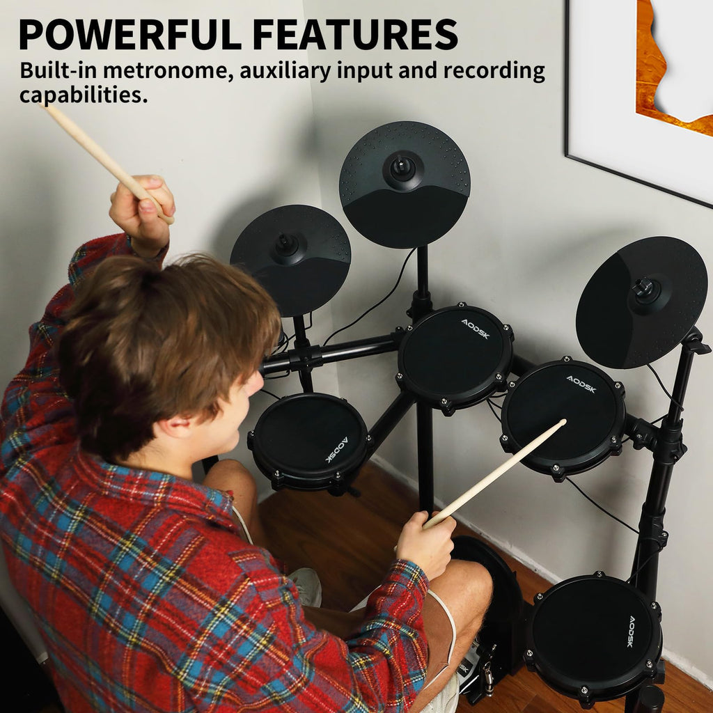 AODSK Electric Drum Set with Quiet Mesh Pads,Electronic Drum for Beginner,USB MIDI,Throne,Headphones,Sticks, Included 15 Kits and 195 Sounds (AED-403-Teenagers Beginners) MindFreakArtistry
