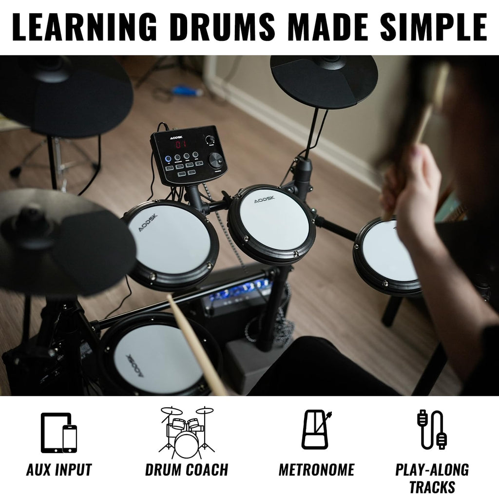 AODSK Electric Drum Set with Quiet Mesh Pads,Electronic Drum for Beginner,USB MIDI,Throne,Headphones,Sticks, Included 15 Kits and 195 Sounds (AED-403-Teenagers Beginners) MindFreakArtistry