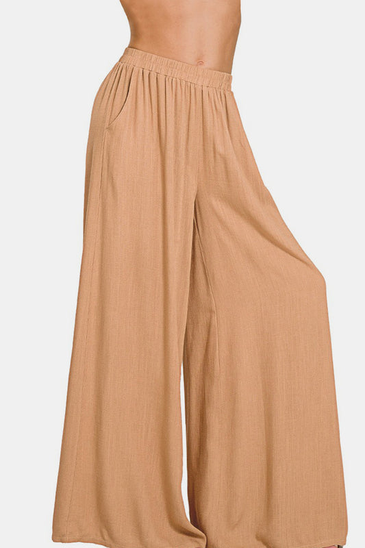 Zenana Pleated Linen Blend Wide Leg Pants