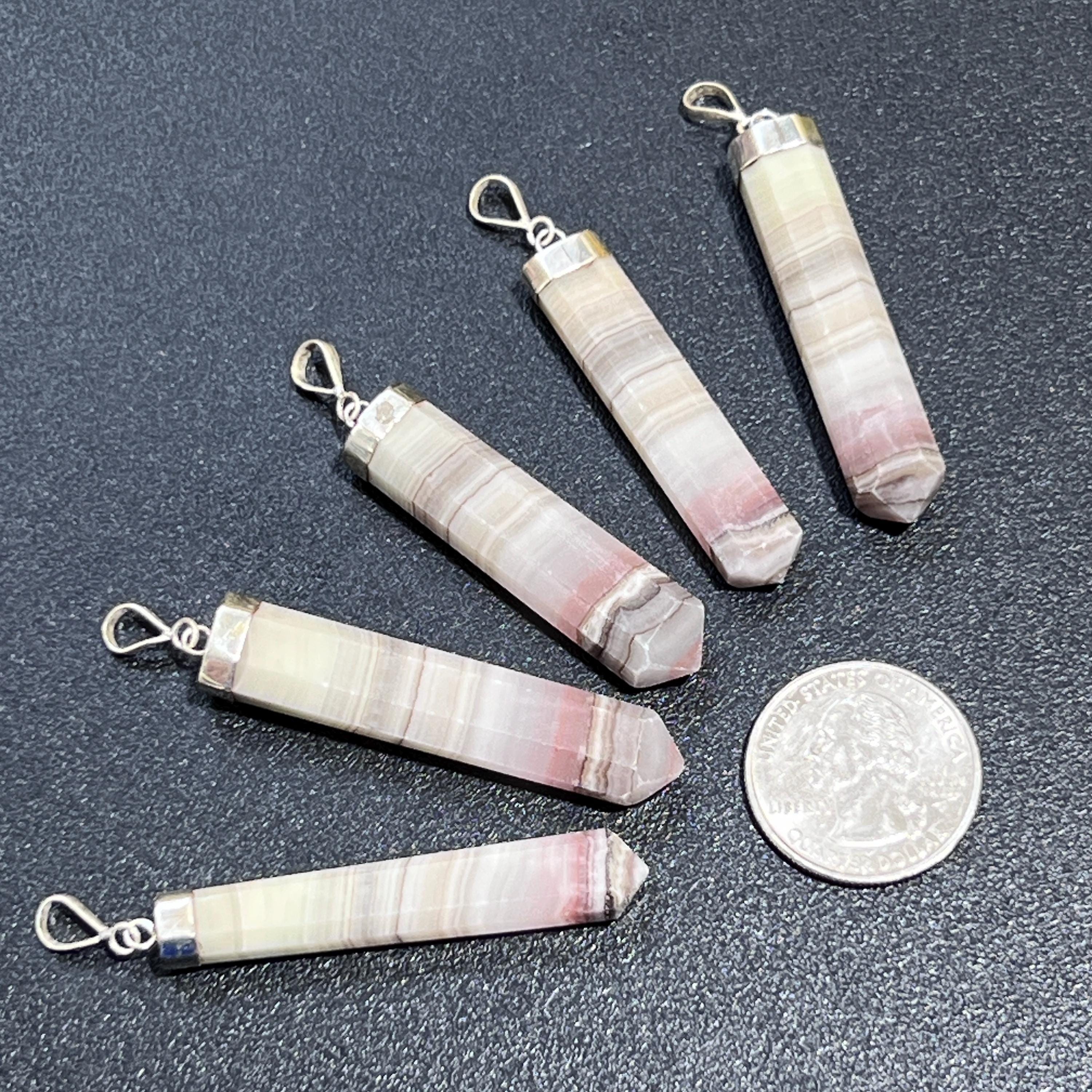 Pink Banded Calcite Crystal Point Pendant (925 Sterling Silver) Amazing Crystals