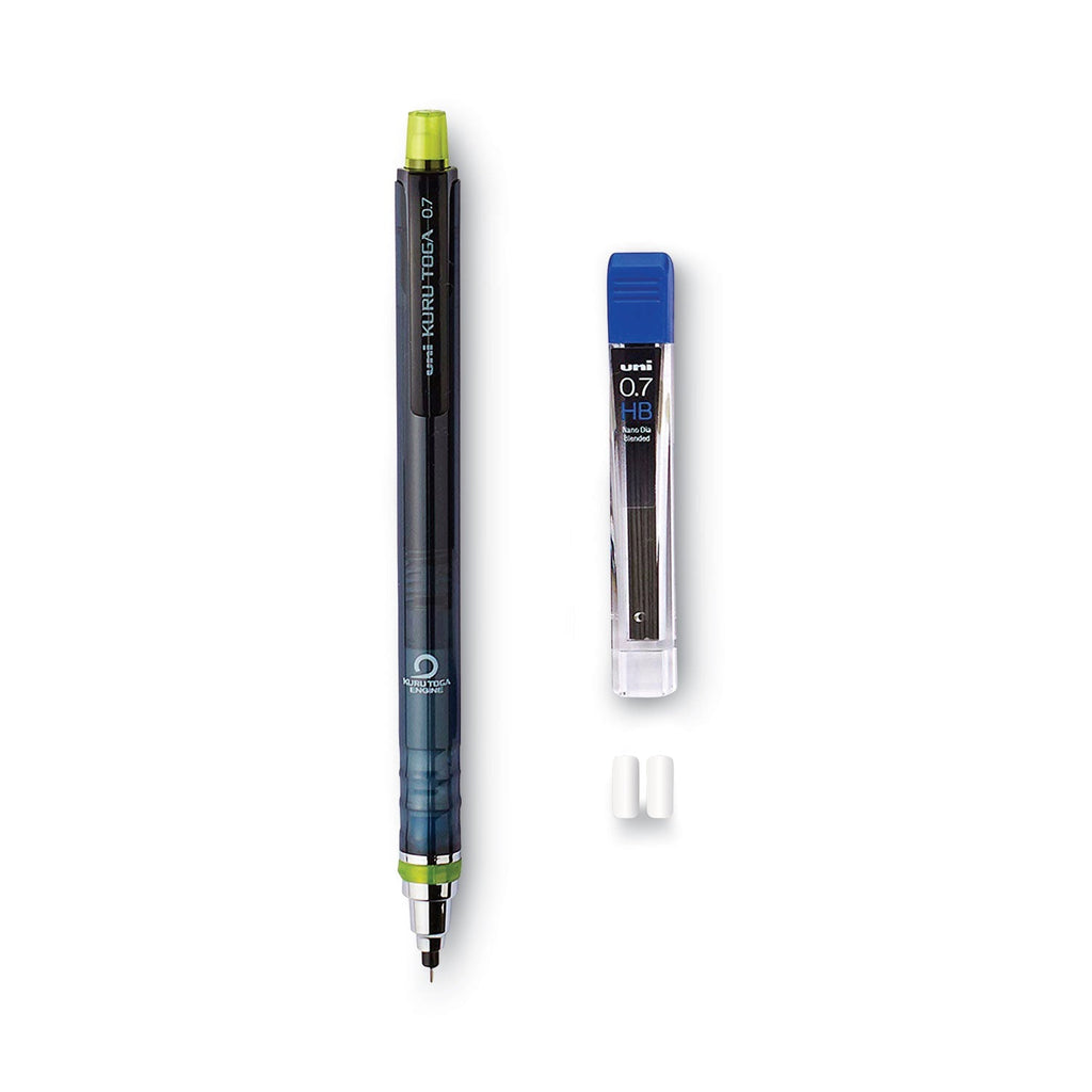 uniball KuruToga Mechanical Pencil, 0.7 mm, HB (#2), Black Lead, Black/Green Barrel 2xSavings