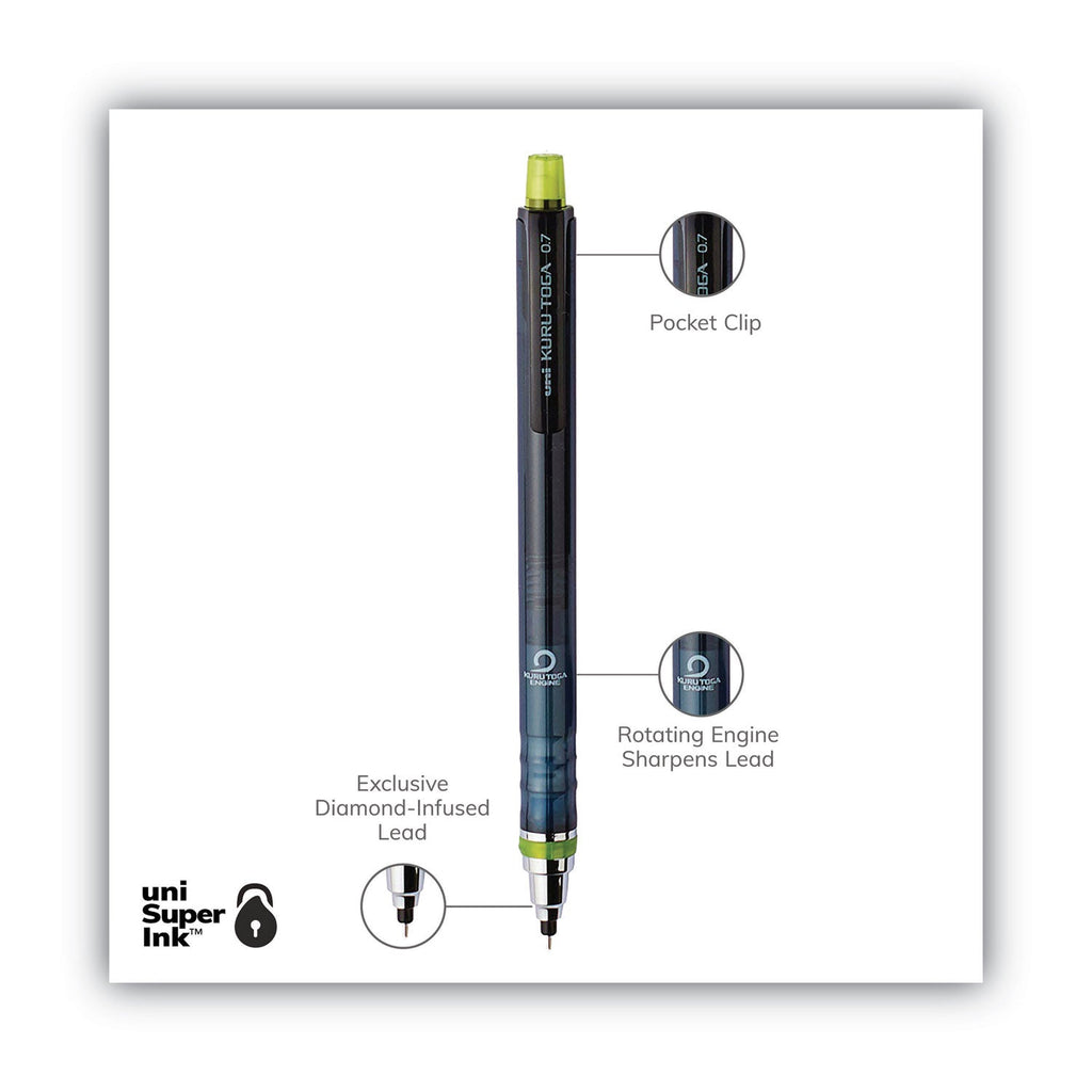 uniball KuruToga Mechanical Pencil, 0.7 mm, HB (#2), Black Lead, Black/Green Barrel 2xSavings