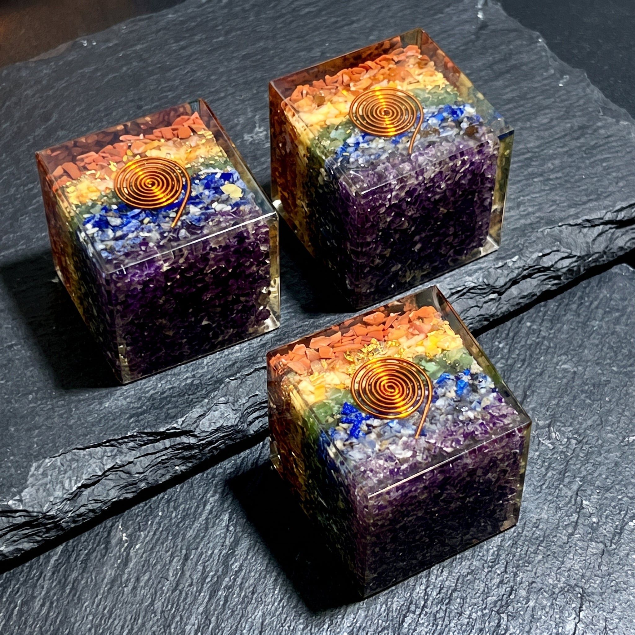 Large 7-Stone Crystal Resin Orgone Cube Reiki Chakra Carving Amazing Crystals