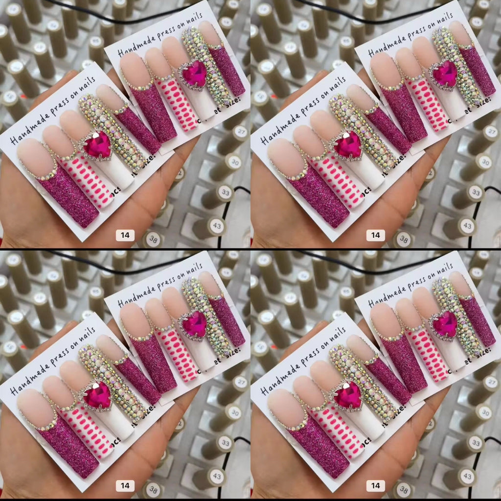 Pink long crystal press on nails HOL stores
