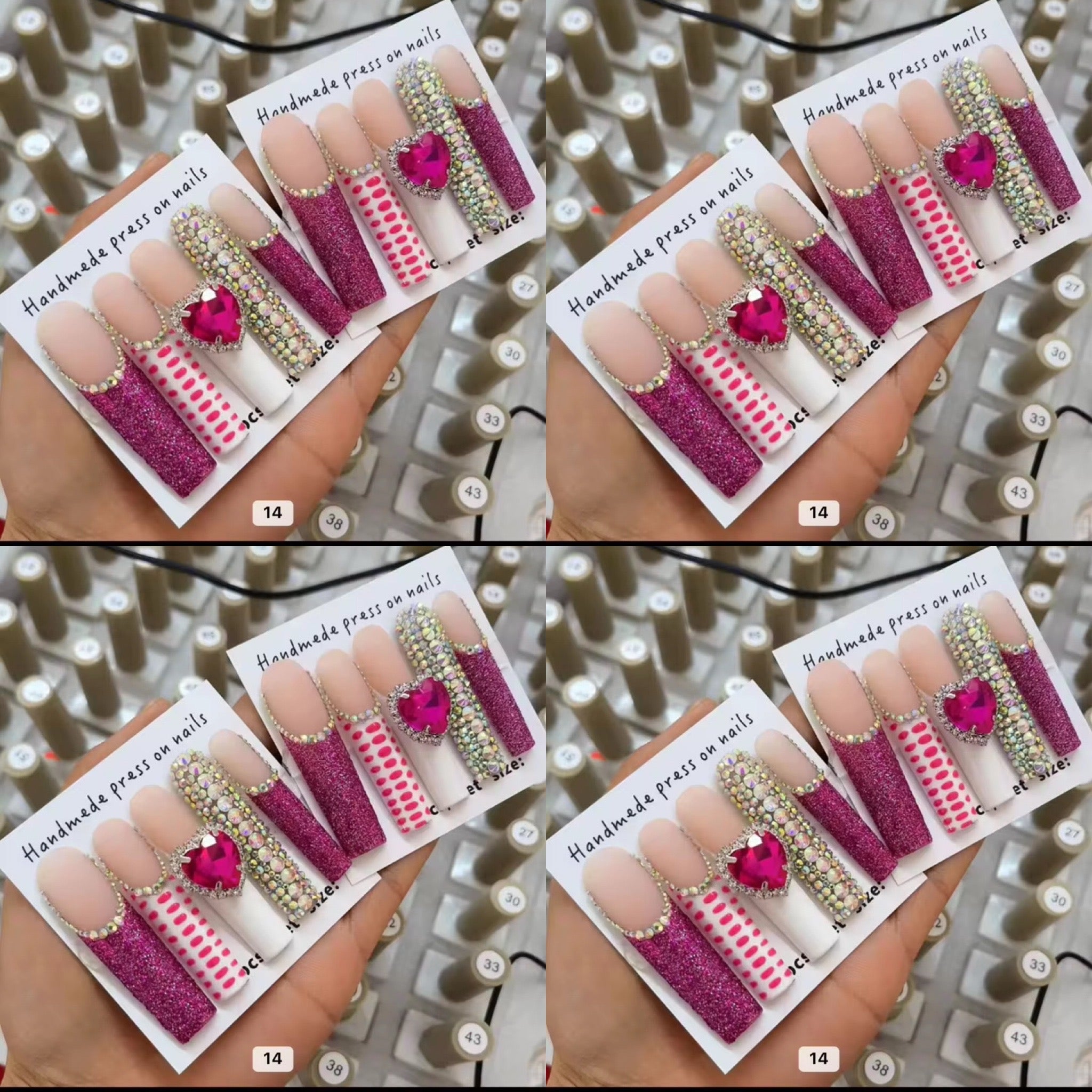 Pink long crystal press on nails HOL stores