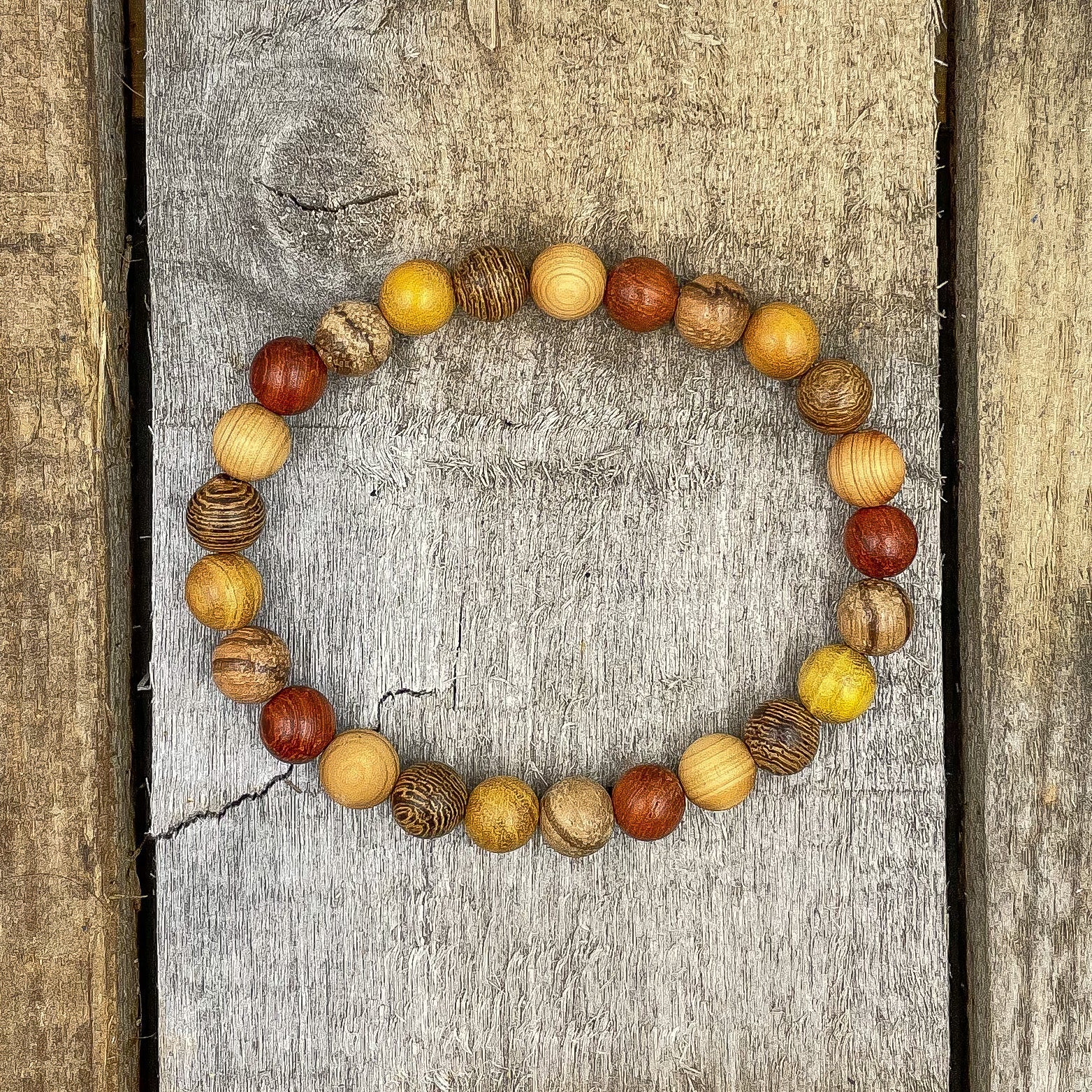 Union - All Mixed Up Red, Yellow, Brown Wood Mala Beaded Bracelet Everwood Original