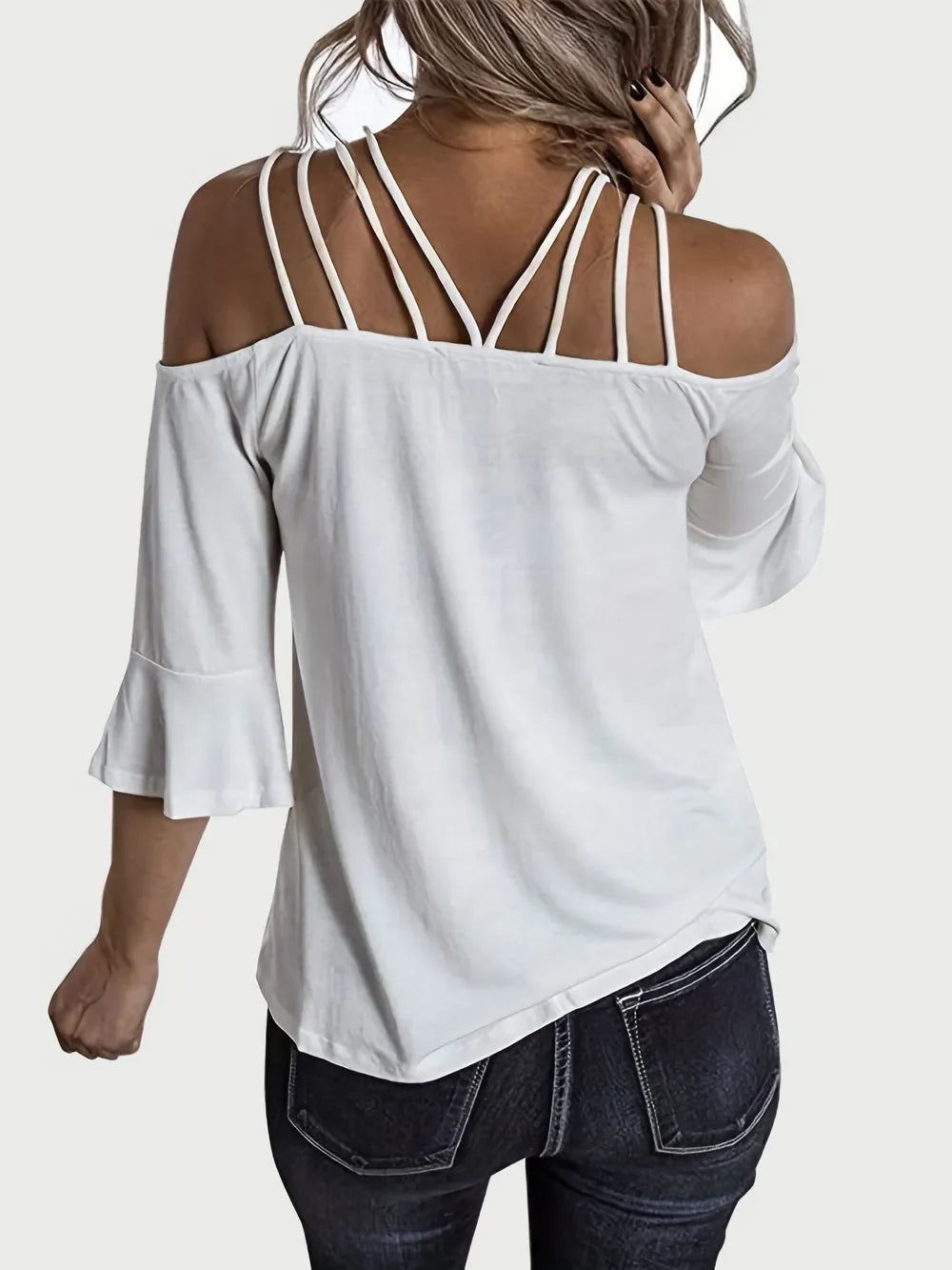 Women Full Size Cold Shoulder Three-Quarter Sleeve Blouse NicholesGifts