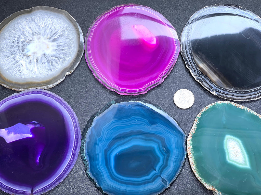 Round Circular Agate Slices (2 Pounds)(4.5 - 5.0 Inches)(Size #4) Two LBs Wholesale Pink Black Blue Natural Teal Pink Purple Mixed Colors Amazing Crystals