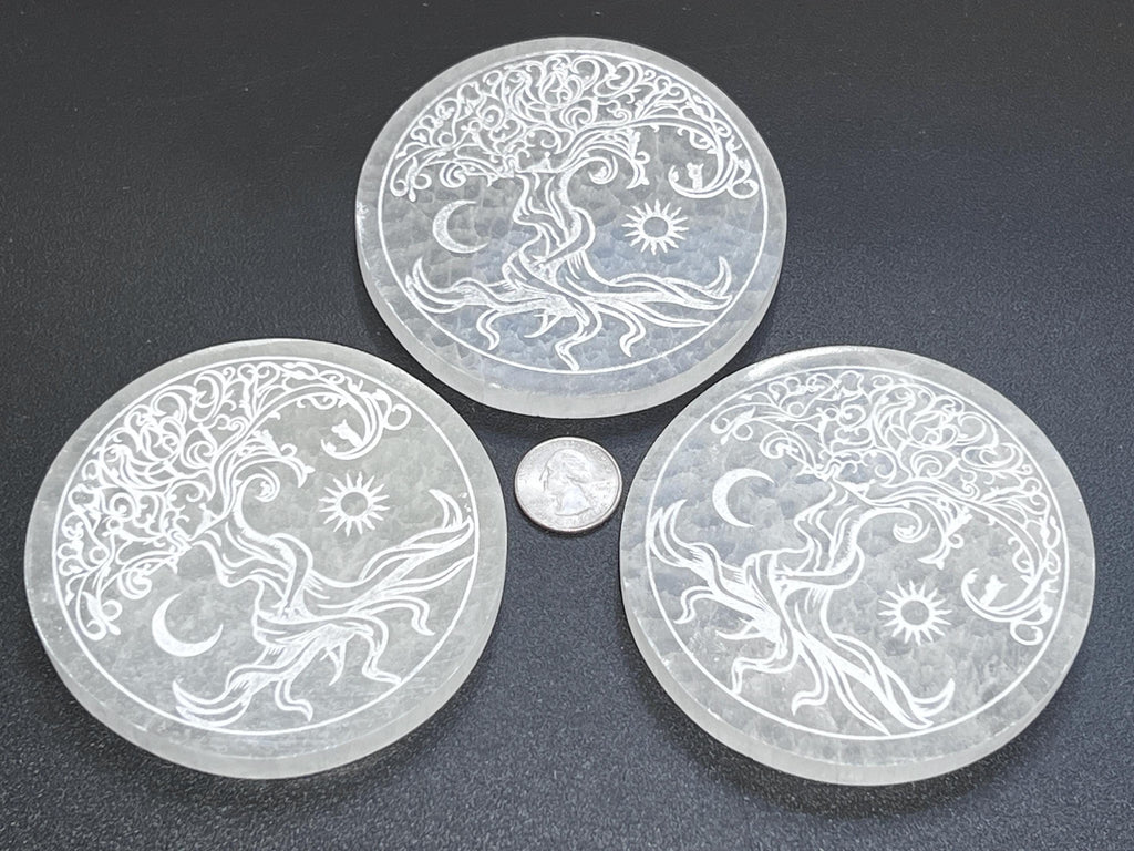 Selenite Crystal Tree Of Life Round Circle Plate (4 Inch) Gemstone Decor Supply Amazing Crystals