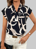Women Printed Tie Neck Cap Short Sleeve Blouse NicholesGifts
