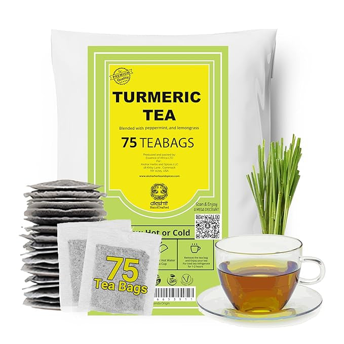 Akshit 75 Natural Turmeric Tea Bags | Peppermint, Lemongrass and Black Pepper Tea Blend, Te De Curcuma, Pure Tumeric Tea blend, Caffeine Free, Stress Relieving Herbal Tea, Non-Gmo. Pack of 1 Akshit