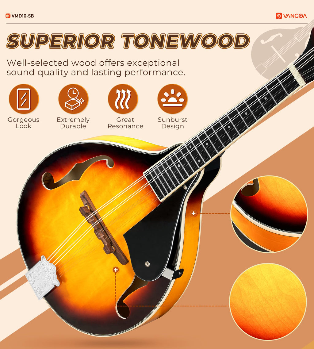 Vangoa Mandolin Musical Instrument A Style, Acoustic Mandolin Instrument Kit Italian 8 String for Professional Beginners Adults Teens Youth Kids, Sunburst, Glossy MindFreakArtistry