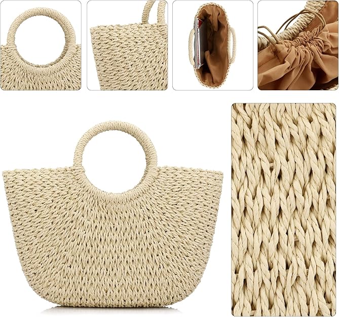 Summer Top Handle Semi Circle Straw Bag Fashion Hut Jewelry
