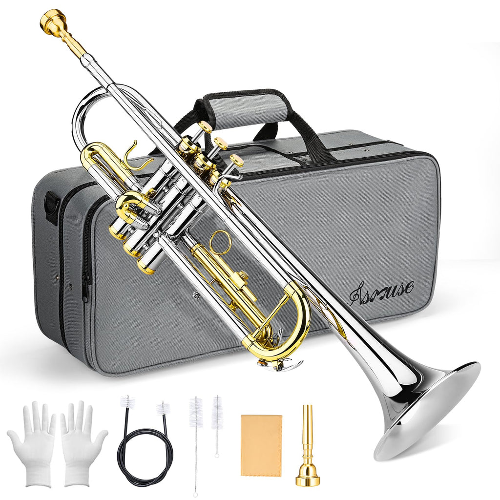 Asmuse Professional Trumpet Instrument Set,Student Trumpets for Beginners, Trompetas Musicales with Hard Case, Brass Instruments with Trumpet Cleaning Kit Gloves 7C Mouthpiece MindFreakArtistry