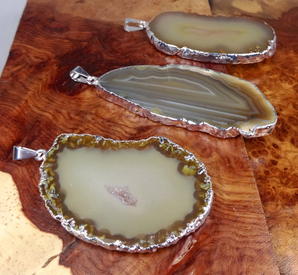 Brown Agate Slice Pendant (Silver Plated Edges) Polished Geode Jewelry Amazing Crystals