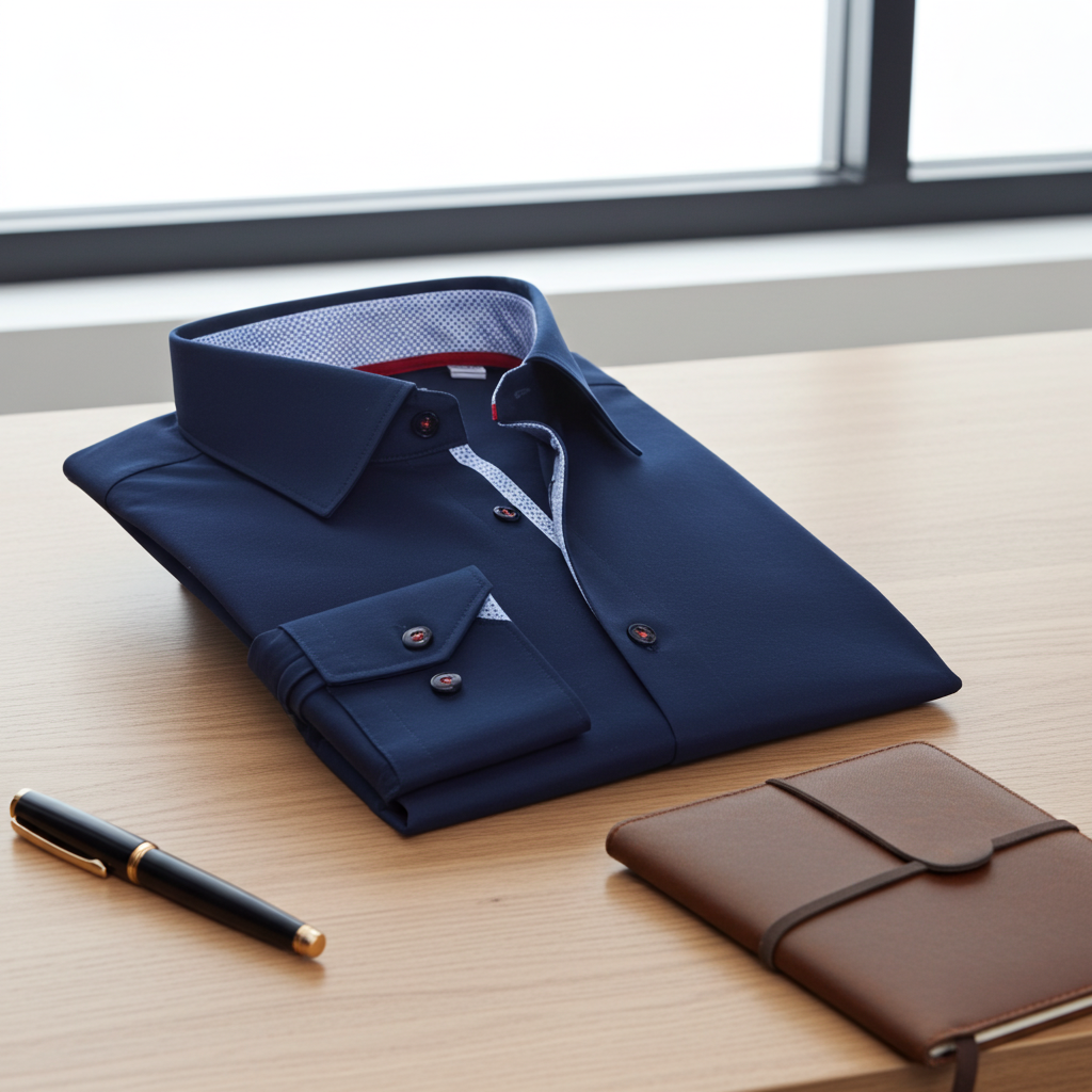 Paul// Cotton Knit-Stretch Button-Up Shirt With Contrast Details // Navy // Tailored Fit (Fitted) LEVINAS® Official