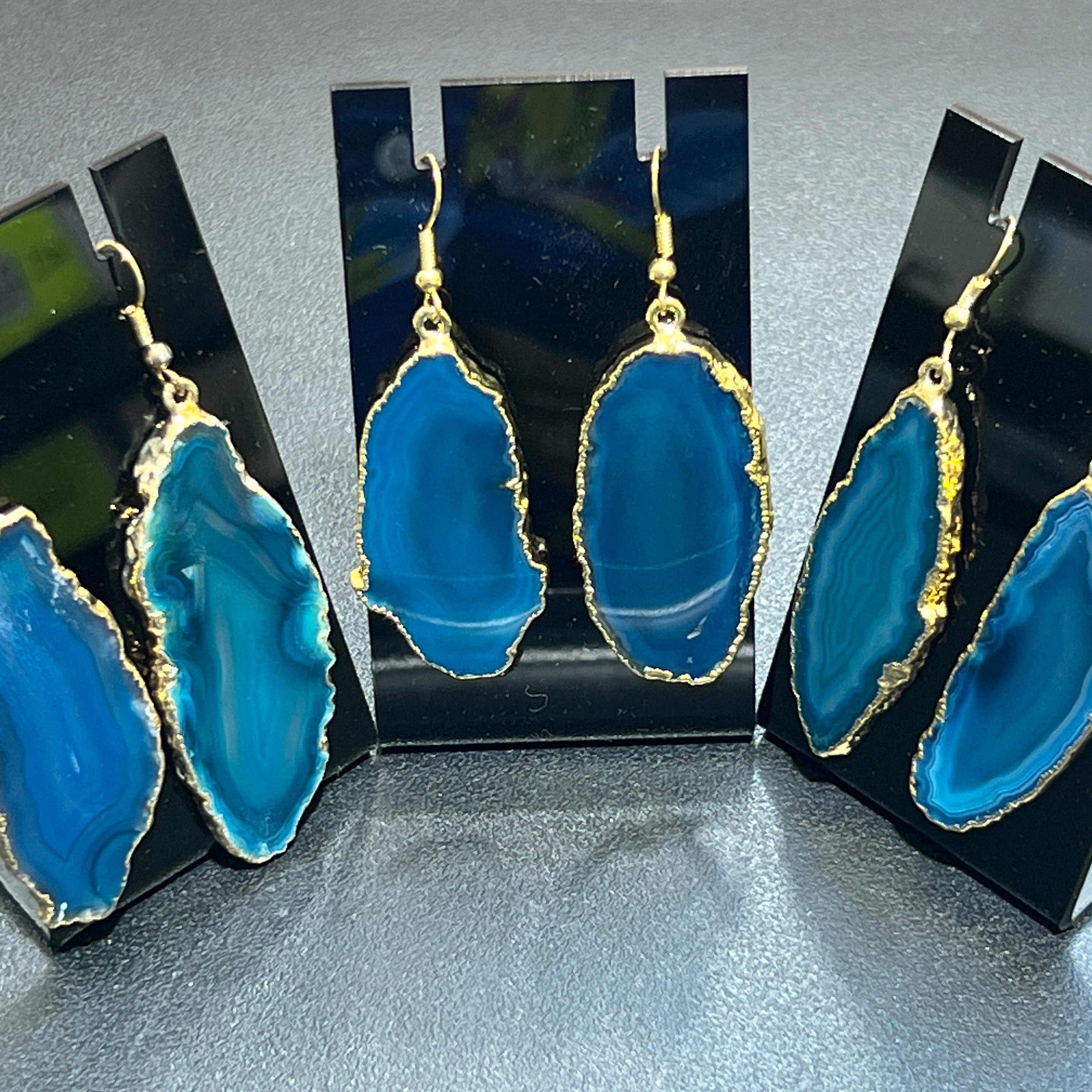 Teal Agate Slice Earrings (Gold Plated Edges)(Stainless Hooks) Geode Slice Jewelry Supply Amazing Crystals