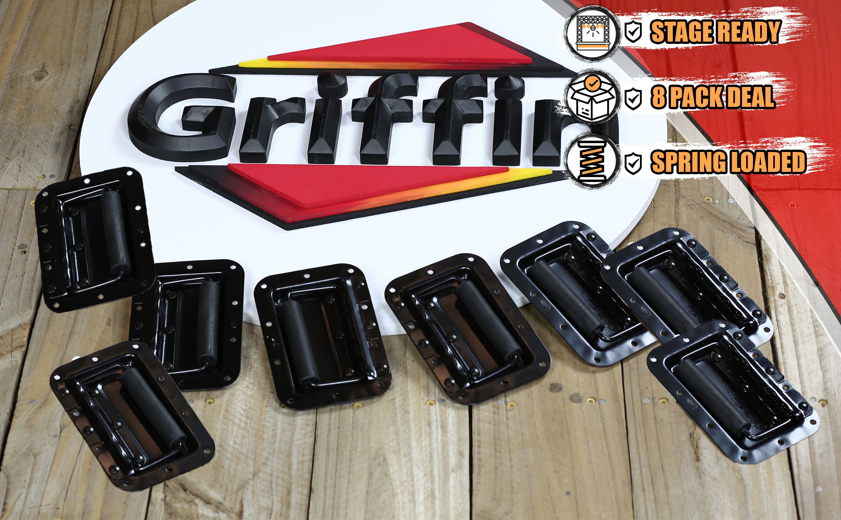 8 PACK - GRIFFIN Recessed Speaker Cabinet Handles for Rack Road Flight Case | Spring Loaded Flush Metal Flip Pull with Grip Rubber Padding for Trunk Chest Carry Case | DJ PA Pro-Audio Stage Gear Parts GeekStands.com