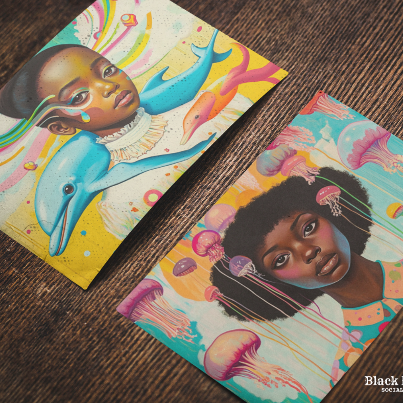 Underwater Whimsical Black Girl & Jellyfish Postcard for Friends & Penpals Black Magic Social Club