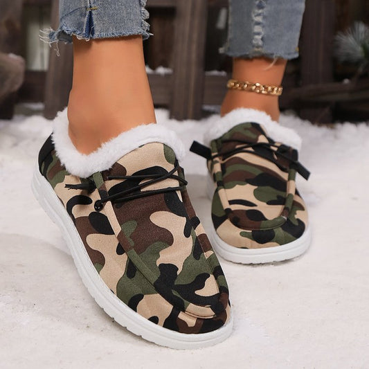 Fuzzy Camouflage Round Toe Boots