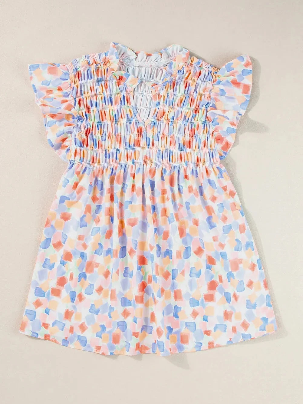 Women Ruffled Printed Notched Cap Sleeve Blouse NicholesGifts