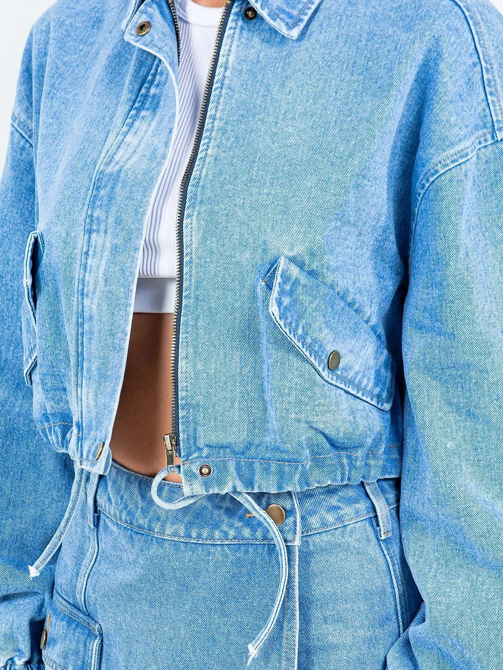 American Bazi Drawstring Waist Crop Denim Jacket NicholesGifts