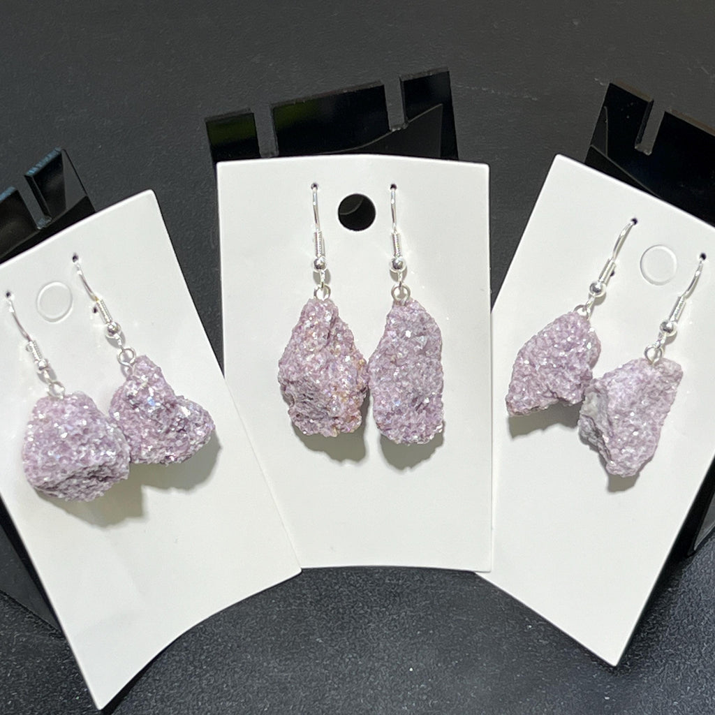 Lilac Lepidolite Raw Crystal Earrings Pair (Stainless Steel Silver Hooks) Rough Gemstone Jewelry Amazing Crystals