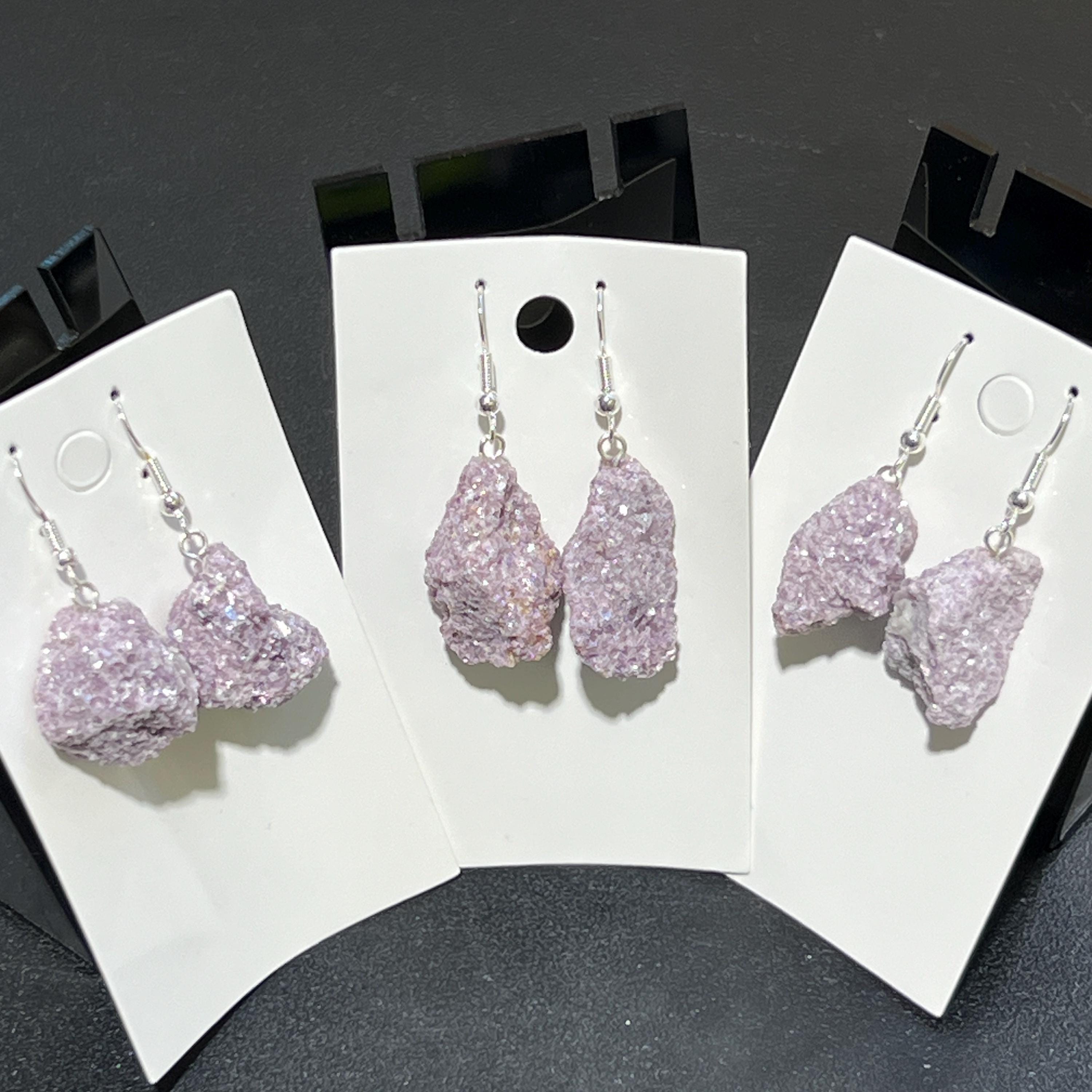 Lilac Lepidolite Raw Crystal Earrings Pair (Stainless Steel Silver Hooks) Rough Gemstone Jewelry Amazing Crystals