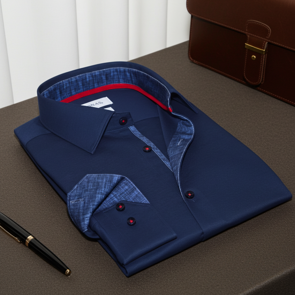 Kevin// Cotton Knit-Stretch Button-Up Shirt With Contrast Details // Navy // Tailored Fit (Fitted) LEVINAS® Official
