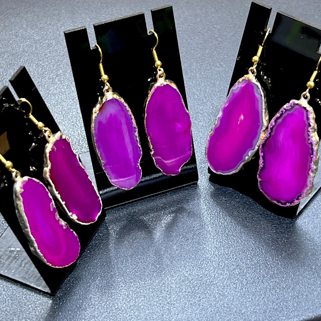 Pink Agate Slice Earrings Pair (Gold Plated Edges) Wholesale Gemstone Jewelry Amazing Crystals