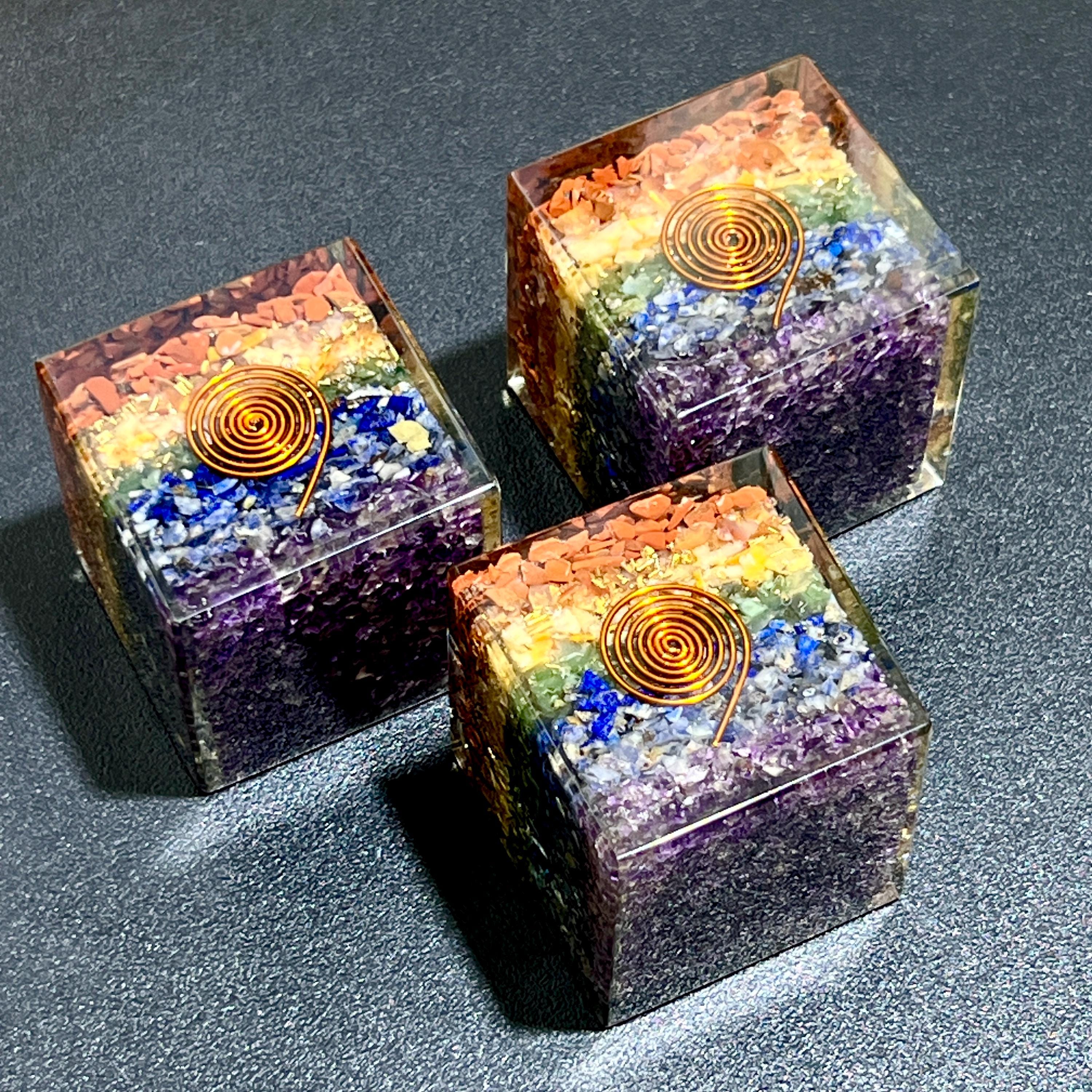 Large 7-Stone Crystal Resin Orgone Cube Reiki Chakra Carving Amazing Crystals