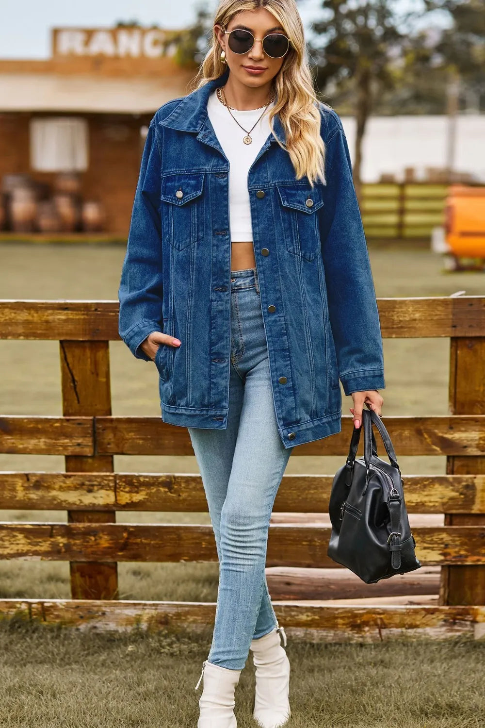 Women Buttoned Collared Neck Denim Jacket with Pockets NicholesGifts