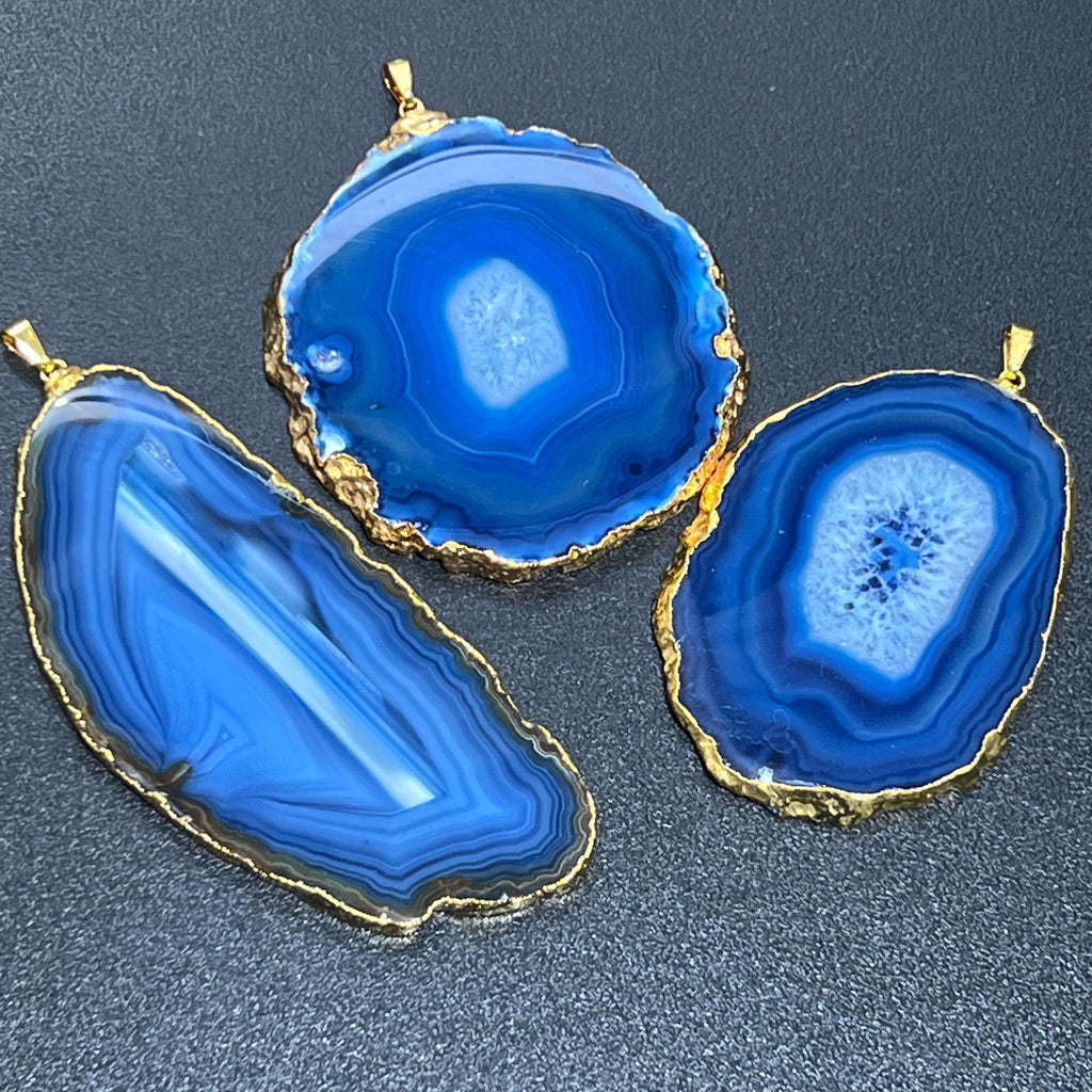 Large Blue Agate Slice Pendant (Gold Plated Edges) Wholesale Amazing Crystals
