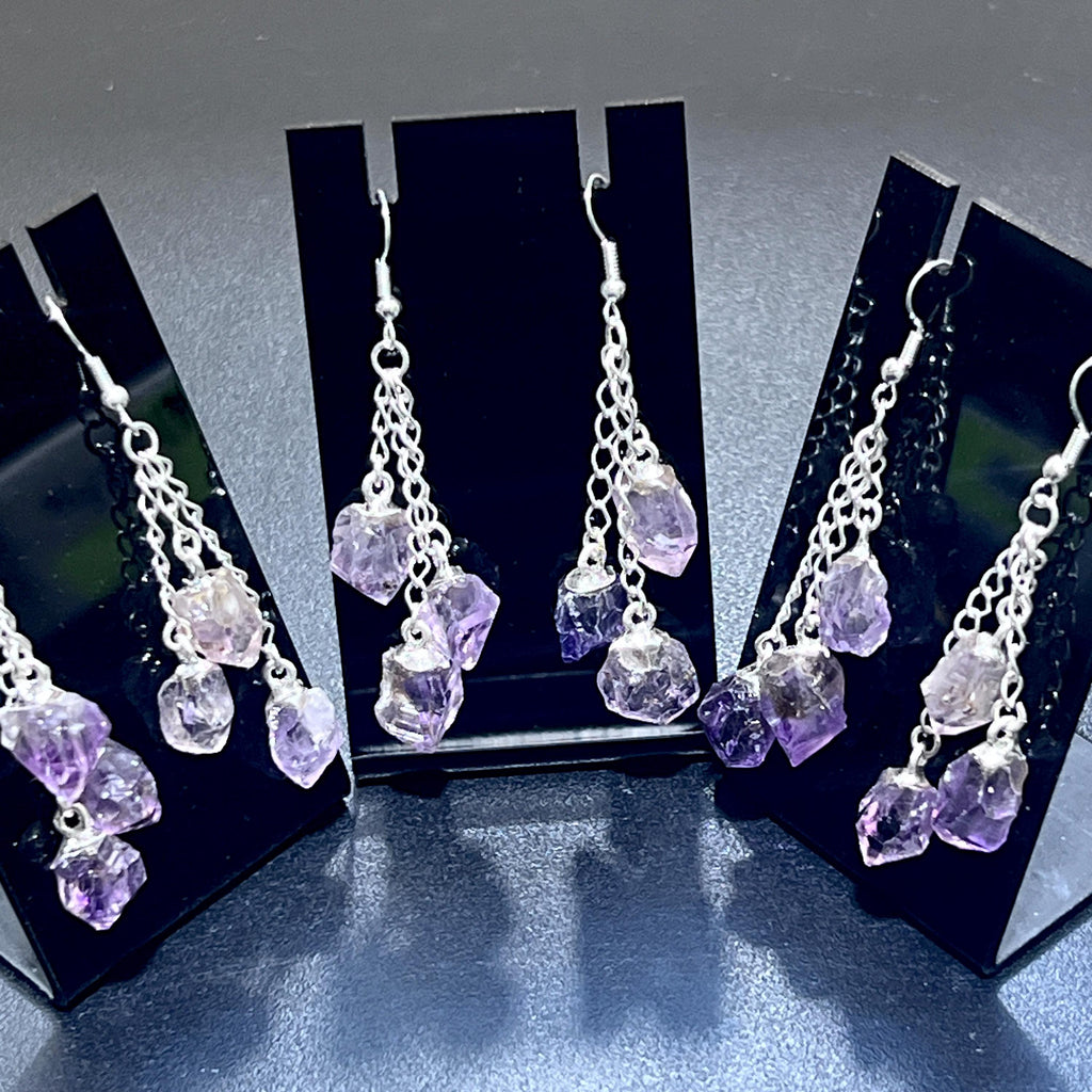 Amethyst Crystal Earrings Pair (Stainless Steel Silver Hooks) Long Dangle Gemstone Jewelry Supply Amazing Crystals