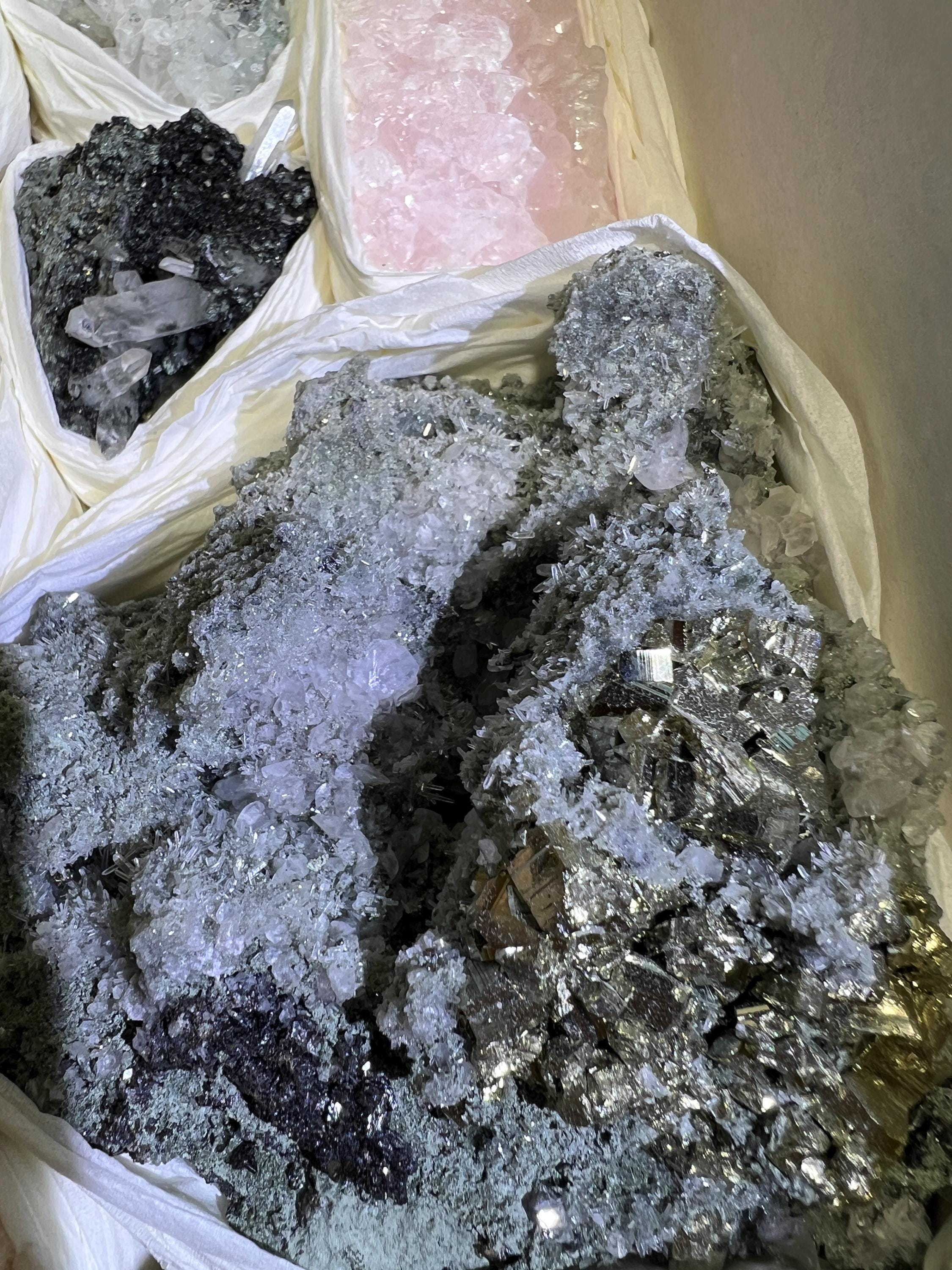 Bolivian Minerals Crystal Mixed Collection (Large 15x10 Inch Flat) Pyrite Sphalerite Galena Quartz Pink Mangano Calcite Amazing Crystals
