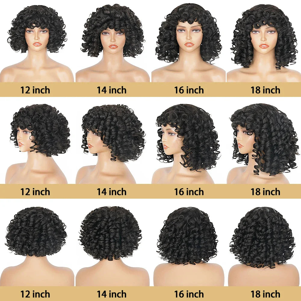 Bob Wig with Bangs Afro Bouncey Kinky Curls Brazilian Virgin Human Hair Glueless T&L Fashions Boutique